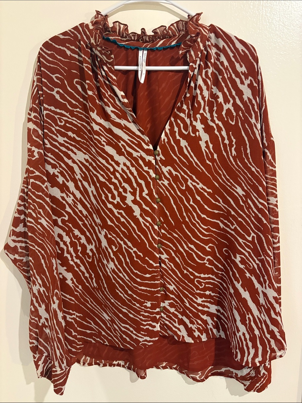 Anthropologie Rust and Cream Zebra-Print Ruffle Collar Button-Down